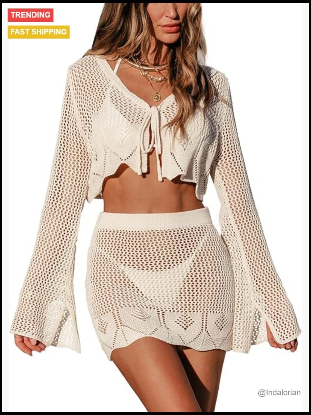 Crochet Long Sleeve 2 Piece Swim Cover Up Set, Beach Outfit